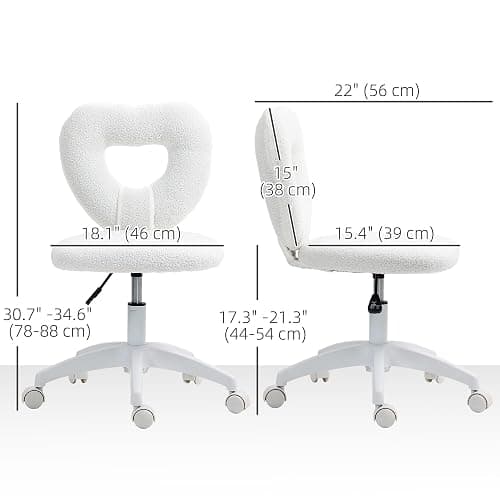 HOMCOM Armless Office Desk Chair, Height Adjustable Computer Task Chair, Modern Teddy Fleece Makeup Vanity Chair with Swivel Wheels, White thumbnail 3