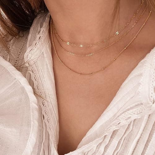 Tewiky Gold Chain Necklace for Women, 14k Gold Plated Thin Beaded Wave Box Chain Necklace Dainty Gold Necklace Simple Layered Gold Choker Necklaces Minimalist Gold Link Chain Necklace Trendy Jewelry for Women thumbnail 4