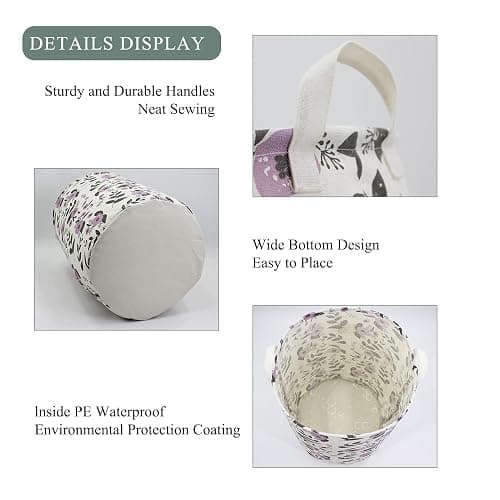 Mziart Collapsible Laundry Basket, Floral Printing Large Laundry Hamper for Baby Girls Kids Toys Clothes Organizer Foldable Storage Bin Waterproof Canvas Nursery Storage Basket with Handles (Purple) thumbnail 7