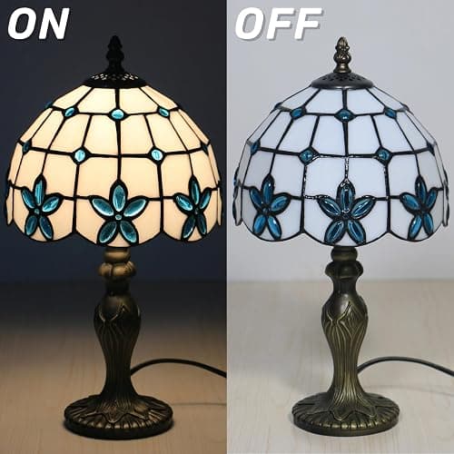 tuomoxte Tiffany Style Table Lamp, 8 Inch Stained Glass Lamp, Small Antique Table Lamp, Bedside Nightstand Lamp for Bedroom,Living Room Home Office, Blue Flower Pattern, Include LED Bulb thumbnail 6