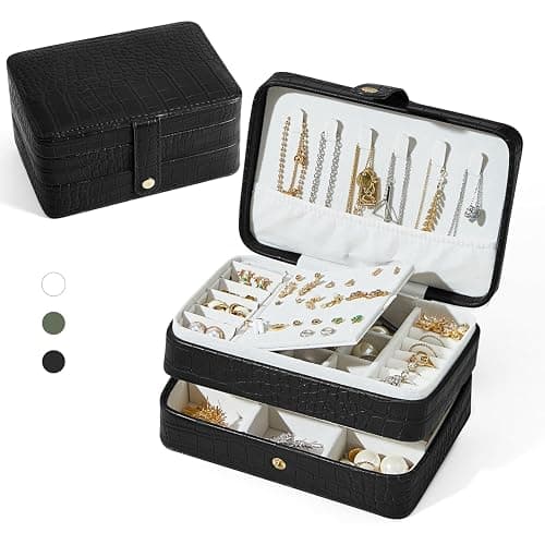 BUTI4WLD Travel Jewelry Case, Portable Jewelry Organizer Box with 3 Layers PU Leather Storage for Earrings, Necklaces, Rings, Bracelets, Compact Jewelry Gift for Women, Christmas Gifts (Black) - Image 1