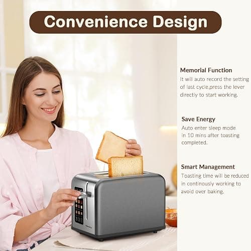 Mecity 2 Slice Touch Screen Toaster, 1.5" Wide Slot, Stainless Steel Smart Toaster for Bagels, Muffins, Waffles, Gluten-Free Breads, Defrost, Reheat, Timer, 120V 825W, Grey Pearl thumbnail 6