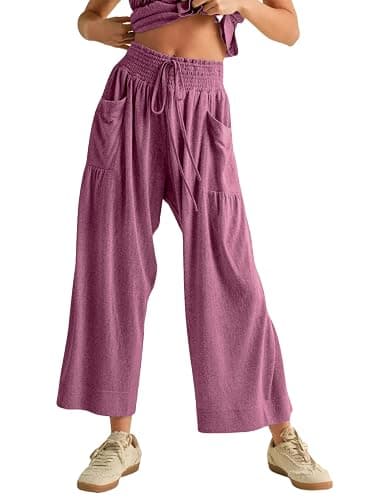 Antnation Womens 2 Piece Smocked  Top Wide-Leg Pants Set High-Waisted Lounge Outfit with Pockets Casual Boho Matching Set thumbnail 4