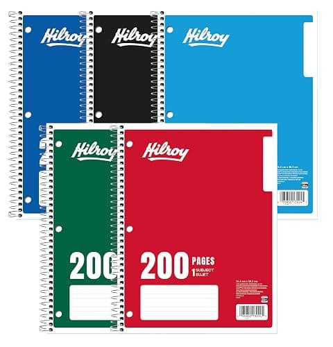Hilroy 1-Subject Notebook, 8" x 10.5", 200 Pages, Colour May Vary (13224) | Wide Ruled, 3-Hole Punched, Spiral Coil Binding - Image 1