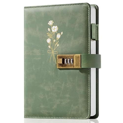 Ovesmusl Diary with Lock for Girls A5 Leather Diary for Women 260 Pages 100 GSM Refillable Journal with Lock for Teens Secrets Flower Journals with Combination Passwords, 5.7"x8.3", Green - Image 1