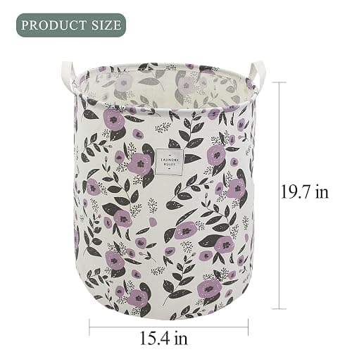 Mziart Collapsible Laundry Basket, Floral Printing Large Laundry Hamper for Baby Girls Kids Toys Clothes Organizer Foldable Storage Bin Waterproof Canvas Nursery Storage Basket with Handles (Purple) thumbnail 3