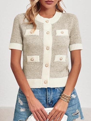 Langwyqu Womens Short Sleeve Button Down Cardigans Sweater Cropped Lightweight Crew Neck Elegant Tops thumbnail 5