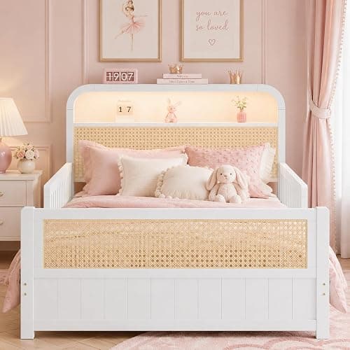 Twin Bed with Rails, Wood Twin Bed Frame with LED Lights and Storage Headboard, Twin Platform Bed Frame with Headboard, Wooden Twin Bed Frame for Kids with Side Rails, No Box Spring Needed, White thumbnail 7