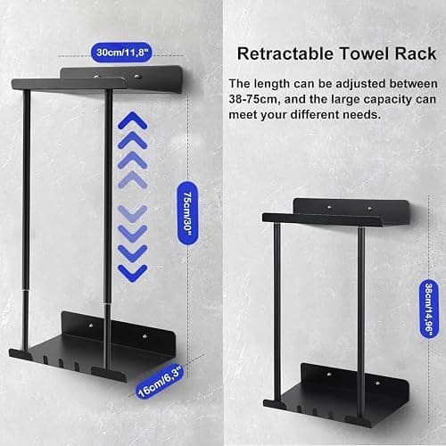 Towel Racks for Bathroom, No Drilling Towel Holder Towel Rack, Towel Storage Wall Mounted, Adjustable Towel Rack Bathroom Storage, Bathroom Towel Shelf for Rolled or Folded Towels, Black thumbnail 2