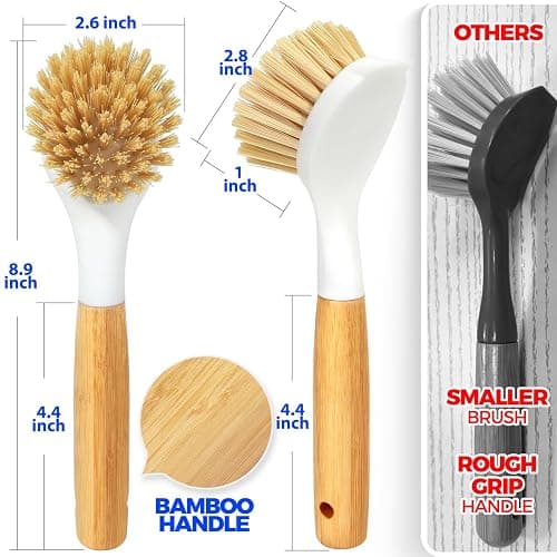 Holikme 3 Pack Dish Brush Set with Bamboo Handle, Kitchen Brushes for Cleaning Pot, Sink and Stove, Skillet Scrubber with Tough Bristles for Cast Iron Grill Pan, Yellow White Black thumbnail 2