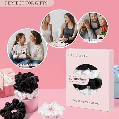 Scrunchies for Women, No Damage Hair Ties for Girls Day to Night Satin Scrunchies for All Hair TypesTextures Crease-Free – 5 Pack (3 Black + 2 White) thumbnail 3