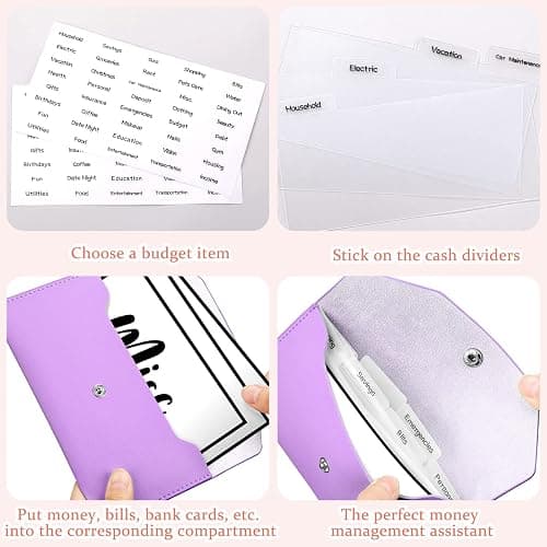 Frienda Cash Envelope Wallet PU Leather 7 x 3.5 Inch Reusable Budget Money Pouch Envelope Organizer 8 Cash Dividers 2 Sheets Category Sticker Labels for Wallets Bill Planner(Purple,Classic) thumbnail 6