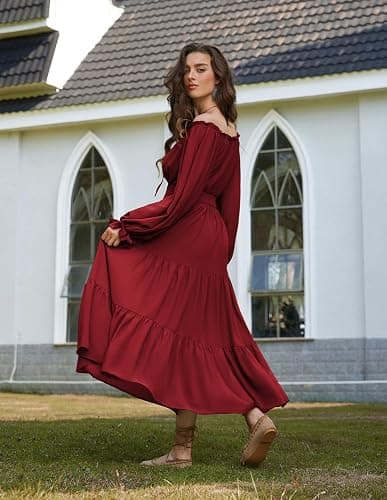 Scarlet Darkness Women Renaissance Off Shoulder Long Sleeve Smocked Waist Tiered Long Maxi Dress thumbnail 5