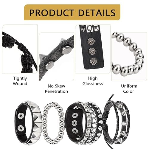 JOLYEAK Punk Leather Rivets Bracelets Punk Rock Leather Studded Bracelets 80s Wristband Emo Gothic Spike Cuff Bracelet Set for Men Women Rocker Outfits Skull Bracelet thumbnail 4
