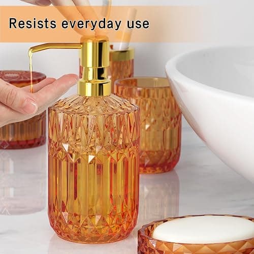 Orange Glass Bathroom Accessories Set 5 Pcs, Orange Bathroom Set, Soap Dispenser and Toothbrush Holder Set, Qtip Holder Set, Vintage Bathroom Sink Set, Cute Bathroom Decor thumbnail 6