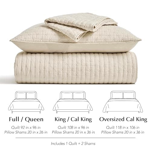 EVERGRACEHOME Cross Stitch Pre-Washed Cotton Quilt Bedding Set King Size, Oversized 3 Pieces Lightweight Bedspread Coverlet for All Season, with 2 Matching Shams, Flax Beige,118"x106" thumbnail 6