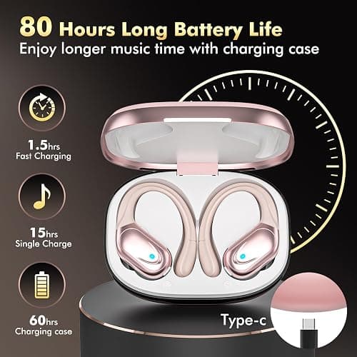HAOYUYAN Wireless Earbuds, Sports Bluetooth Headphones, 80Hrs Playtime Ear Buds with LED Power Display, Noise Canceling Headset, IPX7 Waterproof Earphones for Workout/Running (Rose Gold) thumbnail 2
