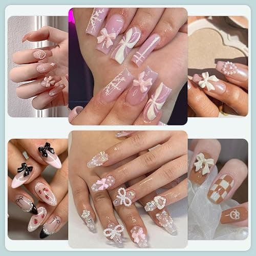 600 Pcs Bow Nail Charms and Flatback Pearls Set 2, 11 Colors Shiny Cute Bow Charms Nail Jewels and 2-4mm White Nail Pearls for Nail Art DIY Decoration with Pickup Tools thumbnail 4