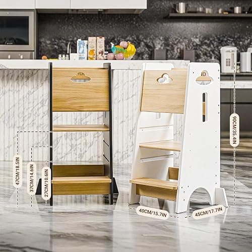 COSYLAND Toddler Standing Tower Adjustable Height - Super Stable Kids Kitchen Stool Helper - 3 Levels Adjustable Wooden Toddler Kitchen Stool (Natural & White) thumbnail 8