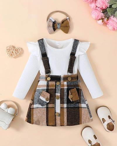 Coaturi Baby Girl Clothes Sets: 3 Piece Skirt Sets Ribbed Top Plaid Skirts with Headband Fall Outfits for Toddler 6-48 Months thumbnail 2