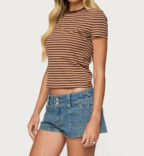 Y2K Striped Babytee for Women Teen Girls Short Sleeve Fitted Preppy Shirt | Cute Crew Neck Crop Tee Tops for Teens, Summer Going Out Top, Vintage Streetwear thumbnail 2