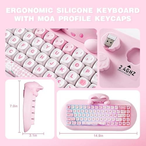 YUNZII C68 Wireless Mechanical Keyboard,65% Layout,Hot Swap,Triple Mode BT5.0/2.4G/Wired, RGB Backlit NKRO,Cute Cat Silicone Ergonomic Design for Win/Mac (Pink, Milk Switch) thumbnail 7