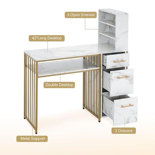 BarberPub Manicure Table with Drawers, Marbling Texture Nail Desk with Storage, Spa Beauty Salon Station, Modern Workstation with Open Shelves 2423 (White) thumbnail 4