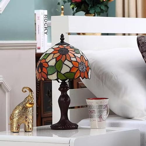 tuomoxte Tiffany Table Lamp,3 Color-Temperature Sunflower Stained Glass Lamp,8X8X15 Inch Small Accent Antique Nightstand Bedside Table Lamps for Bedroom Living Room Home Office Light +LED Bulb thumbnail 5