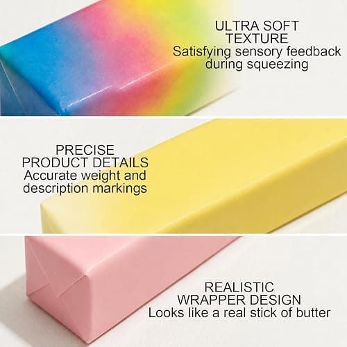 3Pcs Butter Squishy, Three Colourful Butter Stick Squishies with 3 Available, Compact Size for Desk, Office Use and Portability thumbnail 4