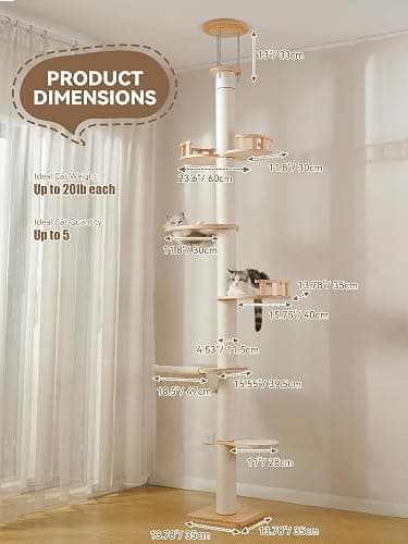 Floor to Ceiling Cat Tree, 5-Tier Adjustable Height(88-126in) Solid Wood Climbing Tower with Sisal Scratching Post, Transparent Capsule and Cozy Hammock thumbnail 2
