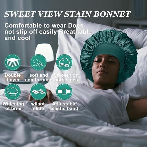 4PCS Silk Satin Bonnets for Black Women & Men - Elastic Wide Band Hair Wrap Cap for Curly Hair - Shower Cap for Sleeping (Black, Peacock Blue, Pink, Khaki) thumbnail 6