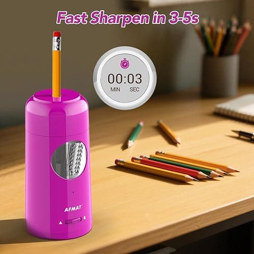 AFMAT Electric Pencil Sharpener, Rechargeable Fully Automatic Pencil Sharpener for Jumbo & Colored Pencils (7-11.5mm), Auto in/Out, Hands-Free, Portable for Home/Classroom/Office PSX6(Purple) thumbnail 4