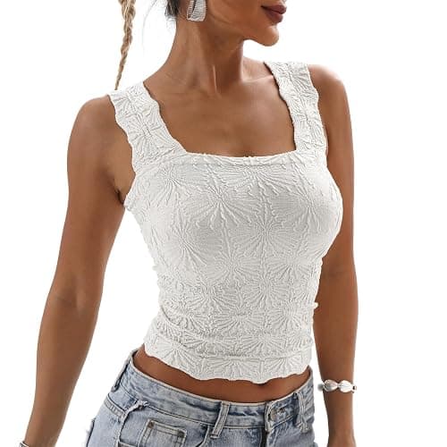 Women's Square Neck Seamless Wide Strap Crop Tank Tops,Slim Fit Flower Lettuce Trim Crop Cami Tops, Love Letter Cami - Small - Ivory - Image 1