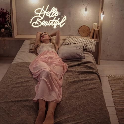 LooKLight Hello Beautiul Neon Sign,Warm White Neon Light Sign,Letters Wedding Neon Signs for Wall Decor,USB Powered Led Light Up Signs For Wedding Party Bedroom Birthday Beauty Salon thumbnail 7