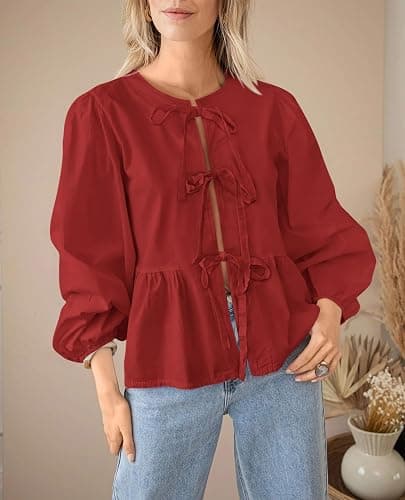 PRETTYGARDEN Women's Spring Fall Babydoll Peplum Blouse Shirt Puff Long Sleeve Bow Tie Front Trendy Cute Y2K Going Out Tops thumbnail 6