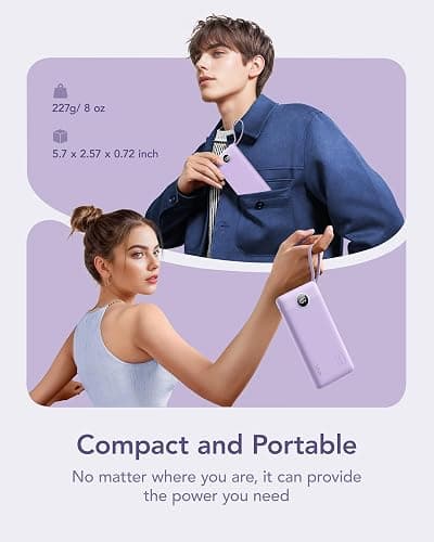 VRURC Portable Charger Power Bank, 10000mAh Travel Essentials Battery Pack, 5 Outputs 2 Inputs Slim Charging Bank Built-in Cables Cords for iPhone 17 16 15 14 13,Samsung,Android-Lavender(1 Pack) thumbnail 2