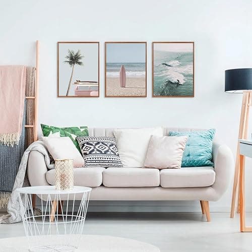 CHDITB Beach Framed Canvas Wall Art Set Of 3, Coastal Wall Decor, Ocean Wave Wall Painting, Palm Tree Seaside Artwork Surfboard Art Prints For Living Room Or Bedroom (12X16 Inch) thumbnail 2