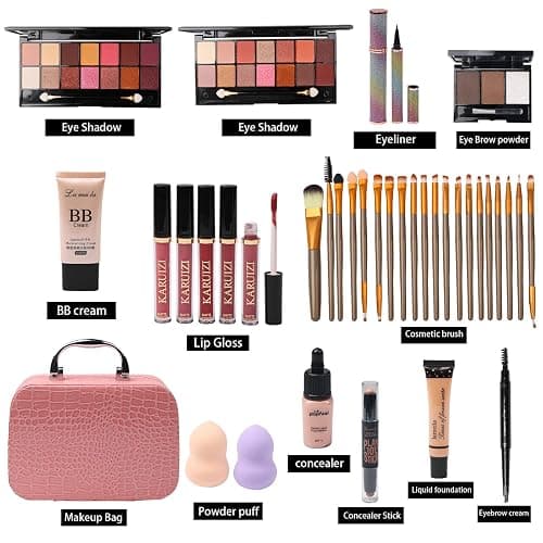 MTDXILTAI All in One Makeup Kit for Makeup storage bag 2X14 Colors Eyeshadow Palette Liquid Foundation Eyeliner Pencils Contouring Stick 20Pcs Make up Brushes For Women Girls Teens (Pink) thumbnail 2