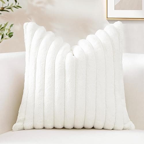 Sungeek Set of 1 White Faux Rabbit Fur Cushion Cover 40x40 cm, Soft Cozy Plush Striped Decorative Throw Pillow Covers 16x16 Inch Velvet Square Pillowcases for Sofa Bedroom - Image 1