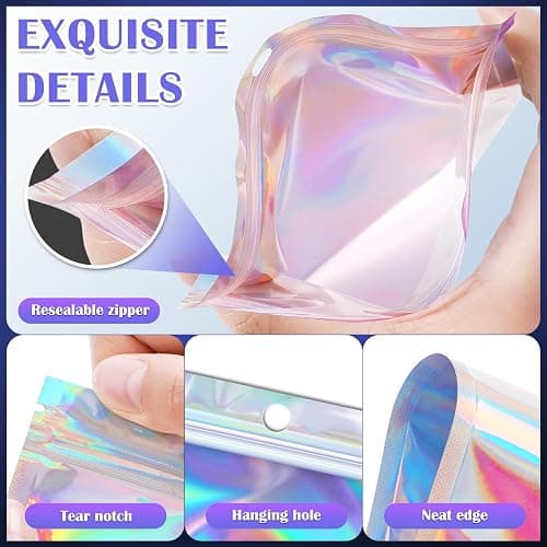 Jetmore 100 Pcs Resealable Mylar Bags, Smell Proof Goodie Bags with Clear Window, Small Holographic Bags for Halloween, Gift, Candy, Bracelet, Keychain, Treat, Product, Sealable Plastic Bags thumbnail 5