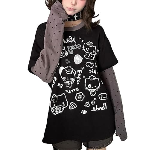 GOTHPICKUS Womens Y2k Cute Graphic Sweatshirts Harajuku Kawaii Striped Sweatshirt Patchwork Cartoon Casual T-Shirts - Image 1