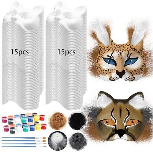 JellyArch 36 Pcs DIY Therian Mask Kit Bulk 30 Blank Animal Mask with Faux Fur Eye Mesh for Christmas Gear Therian - Image 1