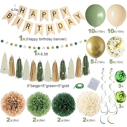 Green Birthday Party Decorations for Women Girls with Happy Birthday Banner,Tissue Paper Pompoms, Paper Tassel,Circle Garland,Hanging Swirl,Decorations Balloons for Party Decor (sage green) thumbnail 3