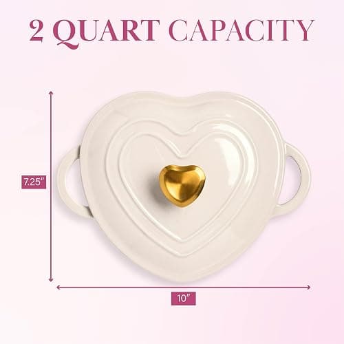 Paris Hilton Enameled Cast Iron Dutch Oven Heart-Shaped Pot with Lid, Dual Handles, Works on All Stovetops, Oven Safe to 500°F, 2-Quart, Cream thumbnail 3