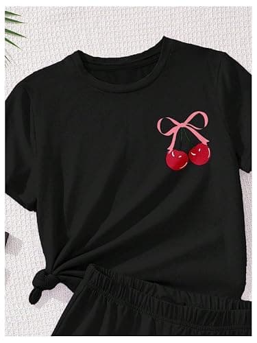 RoseSeek Girl's 2 Piece Outfits Cherry Bow Graphic Tee Shirt and Shorts Set Cute Summer Outfits thumbnail 5