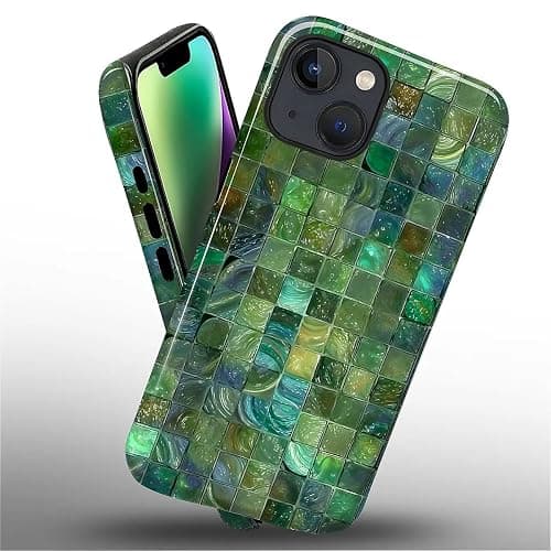 Kapadiy Case for iPhone 13 iPhone 14 Case,Green Toned Glass Mosaic Patten Design Hybrid Dual Protection Silicone + Hard PC Shockproof Full Body Cover,Slim Anti-Scratch Protective for Men Women thumbnail 2