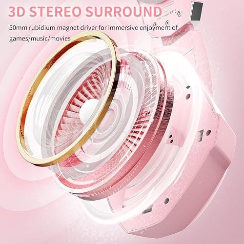 Ozeino Gaming Headset for PC, Ps4, Ps5, Xbox Headset with 7.1 Surround Sound, Gaming Headphones with Noise Cancelling Mic RGB Light Over Ear Headphones for Xbox Series X/S, Switch-Pink thumbnail 3