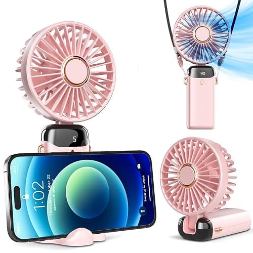 Koonie Handheld Fan, 5 Speeds, 8H Battery, 90° Tilt, Rechargeable, Pink | Digital display, 8-hour runtime, 90° adjustable tilt, battery operated, portable, for indoor & outdoor use - Image 1