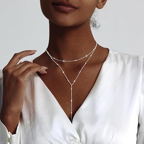Luxval Lariat Silver Necklace for Women, Dainty Long Necklace Silver Y-Shaped Pendant Necklaces Trendy Beaded Chain Drop Necklaces Jewelry for Women Gifts thumbnail 3