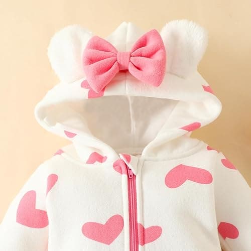 Carolilly Baby Girls Romper Winter Warm Infant Baby Jumpsuit Romper Bear Ear Snowsuit Newborn Hooded Romper Warm Coat Heart/Cow Pattern Long Sleeve Zipper Button Romper thumbnail 5